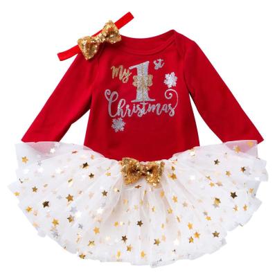 China Anti-Static Baby's First Christmas Romper Set Dress Headbands Red Santa Outfits Infant Christmas Clothing Baby Rompers Set for sale