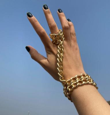 China Hiphop hip hop exaggerated rhinestone multilayer gold thick chain punk geometric ring bracelet female finger gold jewelry for sale