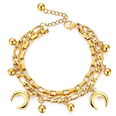 China Wholesale Hiphop 18K Rose Gold Plated Jewelry Multilayer Titanium Steel Stainless Steel Moon Star Bracelet Women's Bead for sale