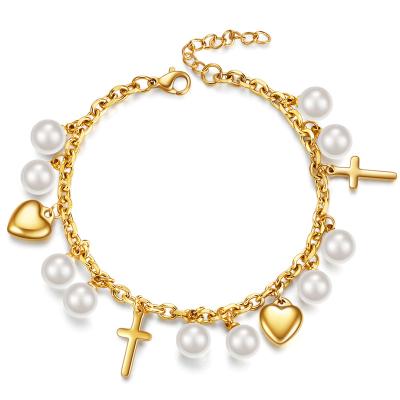 China Hiphop Titanium Steel 18K Gold Plated Chain Link Bead Bracelet Stainless Steel Heart Cross Charm Women Luxury Jewelry for sale