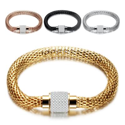 China Hiphop New Trendy Hip Hop Punk Crystal Micro Pave Magnetic Clasp Bracelet Rhinestone Stainless Steel Mesh Bracelet Jewelry for sale