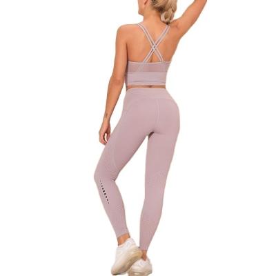 China New Seamless Solid Gathered Sexy Yoga Fitness Bra Suit High Waist Workout Leggings Breathable Yoga Legging Set for sale