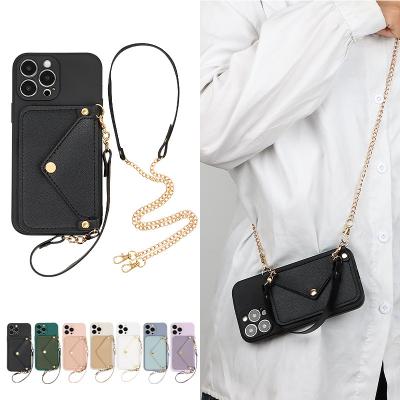 China New Fashion Card Wallet Leather Shockproof Phone Case With Cross - Body Lanyard For iPhone 13 12 11 pro X Max XS XR for sale