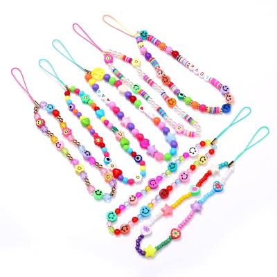 China Handmade Colorful White Clay Beads Phone Charm Strap Shockproof Love Heart Rainbow Fashion Chain for sale