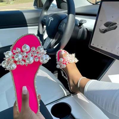 China 2022 Summer Fashion Open Toe Women's Sandals Plus Size Flat Slippers Pearl Slides non-slip shoes for ladies for sale