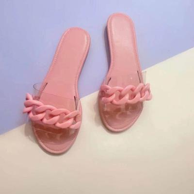 China Fashion Summer Women Sandals Clear upper colorful chain decoration Jelly Shoes Ladies Flat Beach light slippers for sale