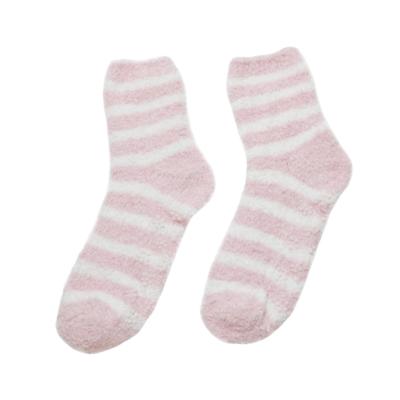 China Polyester Ladies Slipper Socks  Pink White Stripes Indoor  Fluffy Warm for sale