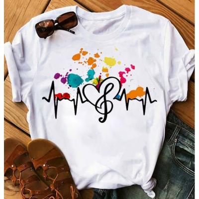 China Anti-wrinkle 2022 summer women's short-sleeved T-shirt European and American style colorful notes top plus size women's clothing S-3XL for sale