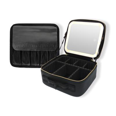 China NATIONAL Portable Leather Storage Box Rechargeable 2000mAh Travel Makeup Case Cosmetic Bag With Dimmable Led Light Up Mirror for sale