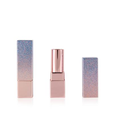 China Empty cosmetics 3.8g square shaped gorgeous metal/aluminum lipstick/lipbalm container/case/tube with gold/purpler glitters on the surface for sale