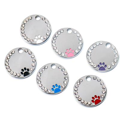 China Pet Store Europe DIY Dog ID Tags Circle Rhinestone Paw Engraved Dog Tag for sale