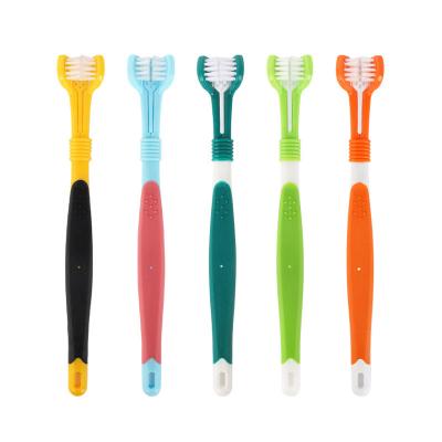 China Pet Toothbrush Dog Cat Mouth Cleaning Plastic Triple Stocked 3 Sided Dog Brush for sale