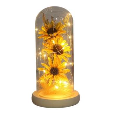 China Popular Artificial Flower Decoration Micro Landscape Sunflower Glass LED Cover Dry Transparent Lamp Valentine's Day Gifts for sale