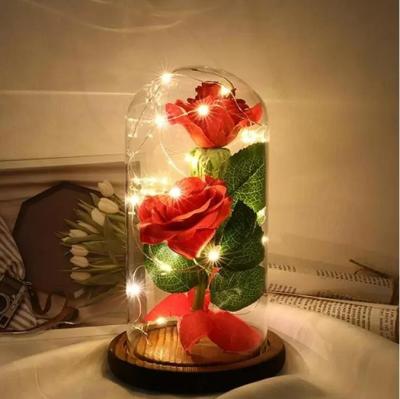 China Popular Artificial Rose LED Light Eternal Beauty The Beast in Glass Cover Christmas Home Decor for Mother Valentines Day New Year Gift for sale