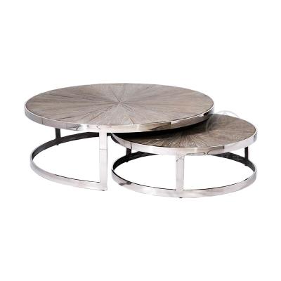 China Modern Guangdong Xinlifeng Factory Round Rustic Walnut Side and Metal Wood Coffee Table for sale