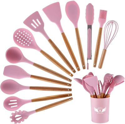 China Easy To Clean Pink 13 Pcs BBQ Cooking Travel Utensils Set With Wooden Rack Non-Toxic Eco-Friendly Spatula Set Silicone Kitchen Gadgets for sale