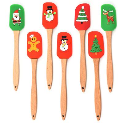 China Viable Christmas Silicone Spatula Gift Set Cake Decorating Tree and Santa Claus Pattern Christmas Wooden Handle Snowman for Baking for sale