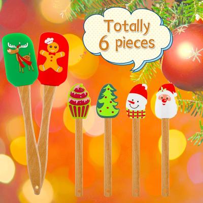 China Cute Silicone Pan Scraper Xmas Dish Cooking Handle Christmas Sustainable Wooden Snowmen Pancake Spatulas for Kitchen Mixing Cooking Baking for sale