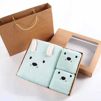 China Viable Hot Sale Coral Velvet Cartoon Luxury Three Pieces Gift Box Bath Towel Sets for sale