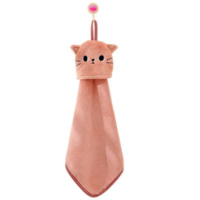 China Viable Hot Selling Price Cartoon Cat Child Towel Absorbent Bathroom Cheap Hand Towels With Buckle for sale