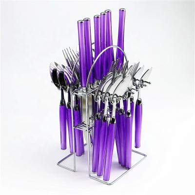 China Long 24 PCS Durable Plastic Handle Flatware Sets With Iron Rack Cucharas De Metal for sale