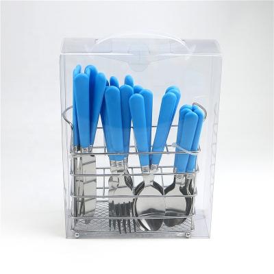 China Sustainable Hot Selling Basket Packing Plastic Handle Stainless Steel Cutlery Set for sale