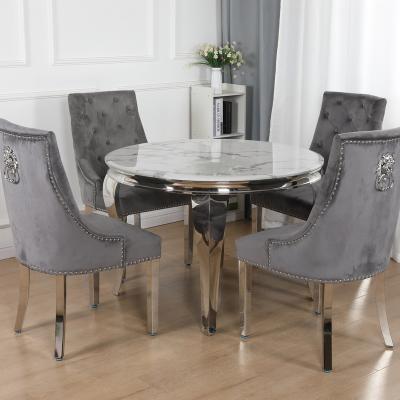 China Round MarbleTable and Accent Convertible Modern Velvet Dinner Room Silver Furniture Chairs Marble Top Dining Table Set for sale