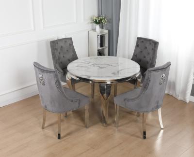 China Silver Dining Furniture 110cm Modern Extendable Room Series Marble Table Chairs And Accent Velvet Marble Top Dining Table Set for sale