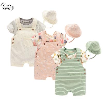 China 100% Cotton 3 Pcs Set 2023 New Design Summer Cotton Baby Romper Baby Clothes 100% Short Sleeve Clothes With Hat for sale