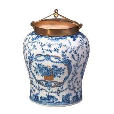 China Disposable antique carved brass storage jar with lid, interior art, blue wholesale, for sale