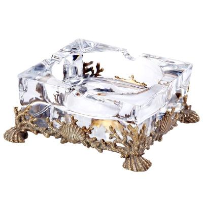 China Brass and Crystal Round Ashtray Luxury European Austrian Luxurious Bronze Engraving Light Aschenbecher Gift Box Disposable Creative Cigar for sale