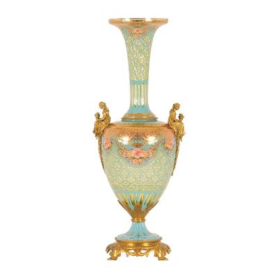 China Art Deco Pieces The Green Glass with Gold Colored Brass with Design Vase for Living Room Decoration Nice Home Ornament for sale