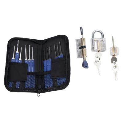 China Wholesale 17pcs Simple Operation Locksmith Supplies Lock Pick Tool Kit with 3pce Practice Padlock Transparent Locksmith Tool Lockpicking for sale