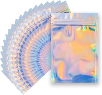 China Security 100 Pieces Holographic Smell Proof Mylar Bags Resealable Foil Pouch Bags With Clear Window Ziplock Bags for sale