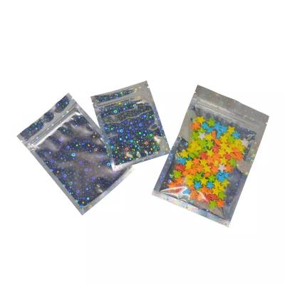 China Security Hologram 3.5G Mylar Resealable Transparent Zipper Candy Bags Black Plastic Smell Proof Holographic Packaging Pouch for sale