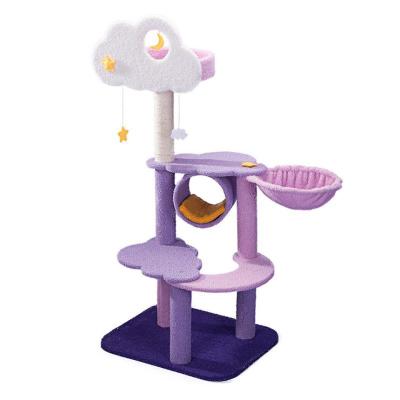 China Large Scratch Factory Cat Tree High Quality Stocked Wooden Cat Tree Modern Heavy Duty Purple Comfortable Wholesale Cat Tree for sale