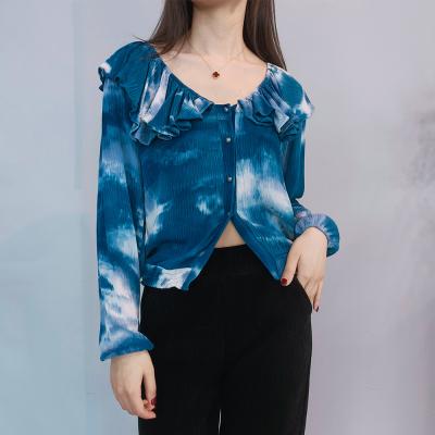 China Breathable Jina Fashionable Long Sleeve Placket Front Placket Button Shirt Women U-Neck Tie Dye Pastoral Bohemian Long Beach Vacation for sale