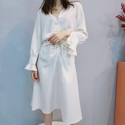 China Jina Breathable Elegant Casual Ladies Long Sleeve Shirt V-Neck And Big Swing Skirt Two Piece Set For Women for sale