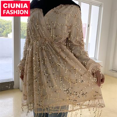 China 2243# Modest Fashion Clothing Muslim Long Sleeve Sequin Shirts Blouse For Women Loose Full Tunic S M L XL 2XL 3XL / Customized for sale