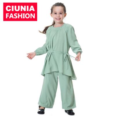 China TH618#New Fashion Children Set Long Sleeve Two Piece For Girl With Belt Muslim Dress Malaysia Islamic Clothing Abaya 90 100 110 120 130 140 150 160 for sale