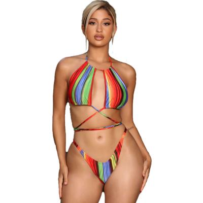 China ZUOHE Antibacterial Floral Print Luxury Striped Swimming Suits Cross Halter Belt Thong Bikini Sexy Beach Cover Up 3 Piece Swimwear for sale