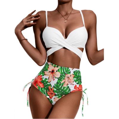 China Plus Size ZUOHE hot selling solid and floral ribbed swimwear high waist drawstring triangle bikinis with cover up for sale