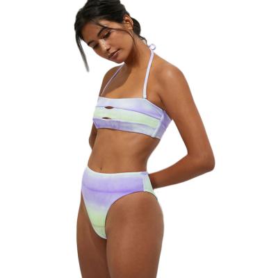 China Plus Size Private label sexy quick dry brazilian bikini set halter strap swim wear rainbow print backless swimsuit for sale