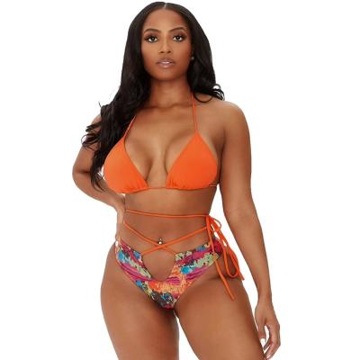 China New Beautiful Elegant Floral Print Plus Size Bikini Swimwear Halter Strap Ladies Orange Swimwear For Women for sale