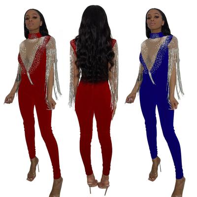 China 2022 Women's Unique Design Stand Neck Glitter Tassel QUICK DRY Overalls Beading Mesh Long Pants Party Club Prom Suit for sale