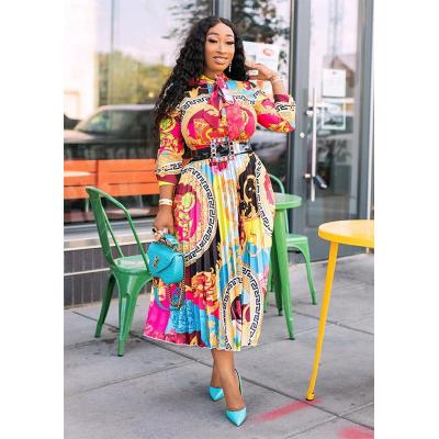 China Brown print collar stand tie belt viable bow sash african newcomer polyester dashiki shirt plus size casual dress for sale