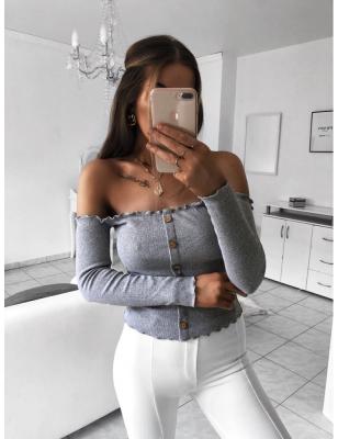 China Breathable Cotton One Shoulder Tops Off Shoulder Slash Neck Decorative Button Long Sleeve Breathable T-Shirt Blouses With Long Sleeves for sale