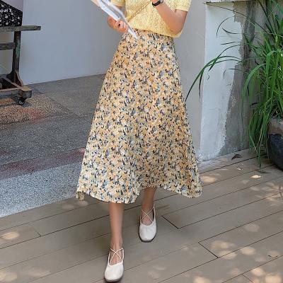 China Summer Flower Floral Skirt High Waist Long Stretch A Line Skirt Elastic Loose Casual Girls Ladies Breathable Chiffon Skirt for sale