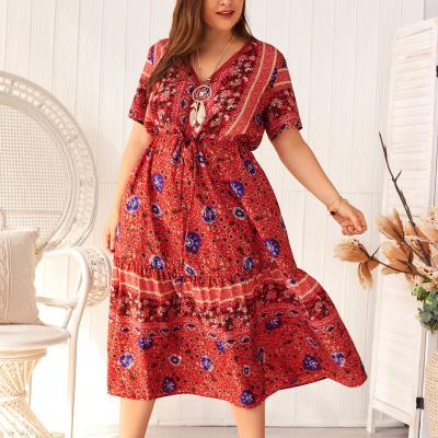 China Hot Selling Women Plus Size Plus Size XL-4XL Beach V-Neck Floral Print Bohemian Dresses Lace Up Neck Dress [E2T] for sale