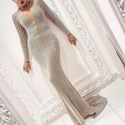 China Breathable Sexy V-Neckline Full Golden Elegant Beading Sequined Straight Long Sleeve Polyester Evening Dress Women Prom Dresses Prom Dresses for sale